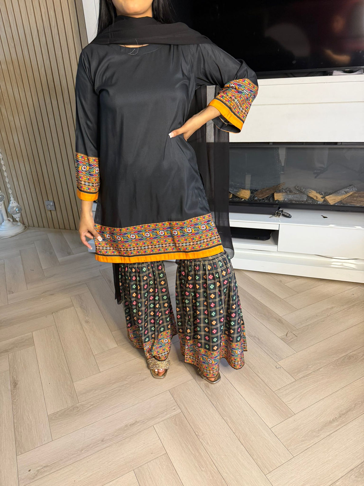 Ajrak Gharara Suit with Chiffon Dupatta