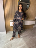 Samiha Printed Khaddar Co-ord - Navy Flower U1-A3