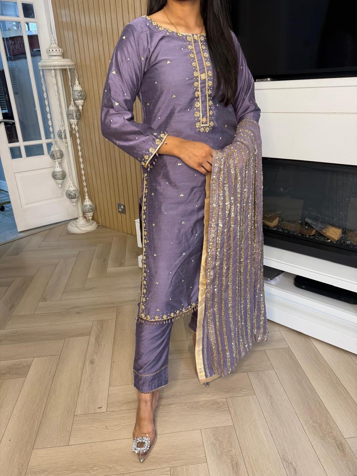 Nuraan 3pc Raw Silk Suit-Lilac
