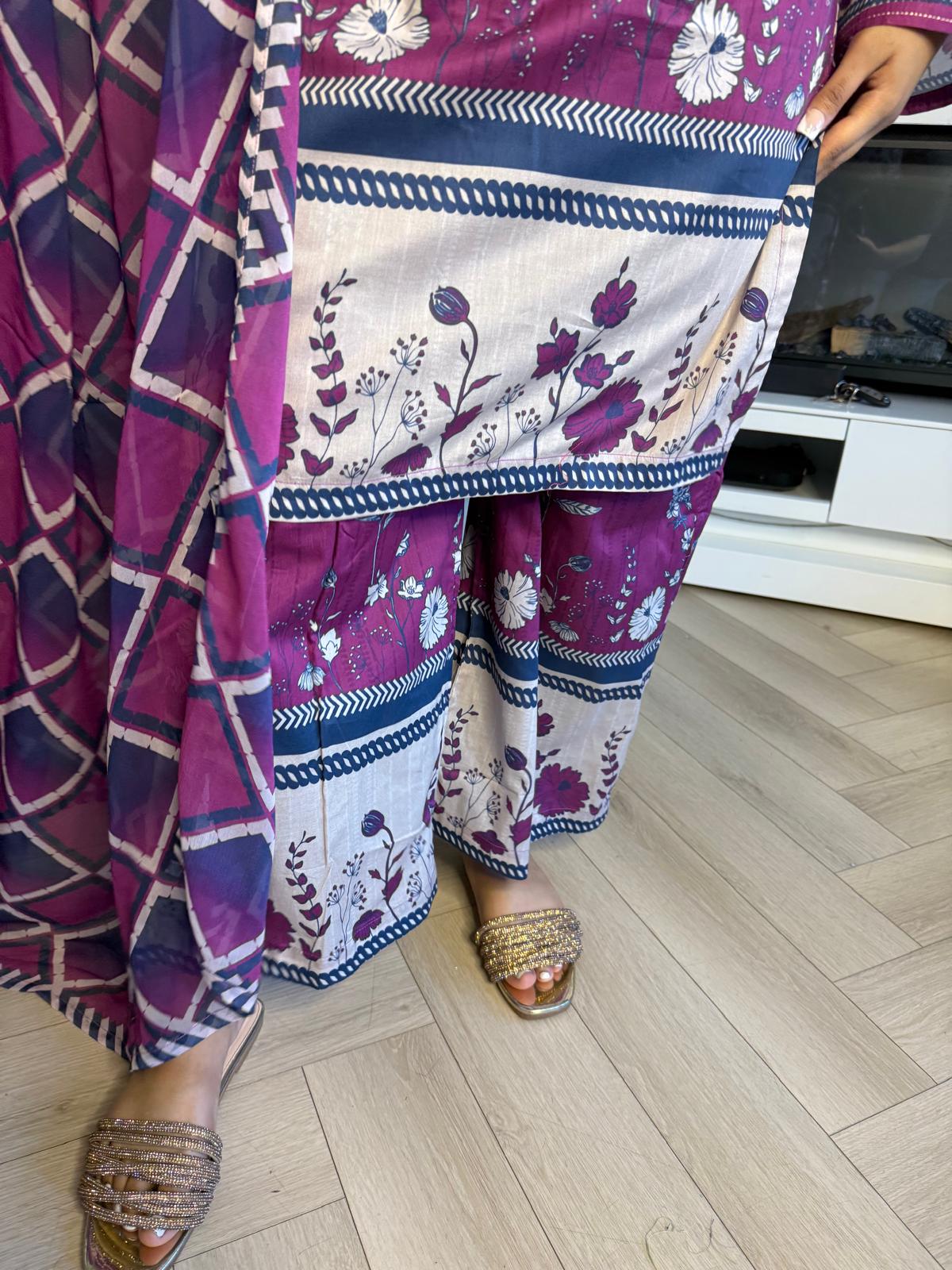 Sonam 3pc Printed Lawn Suit With Plazzo Trouser