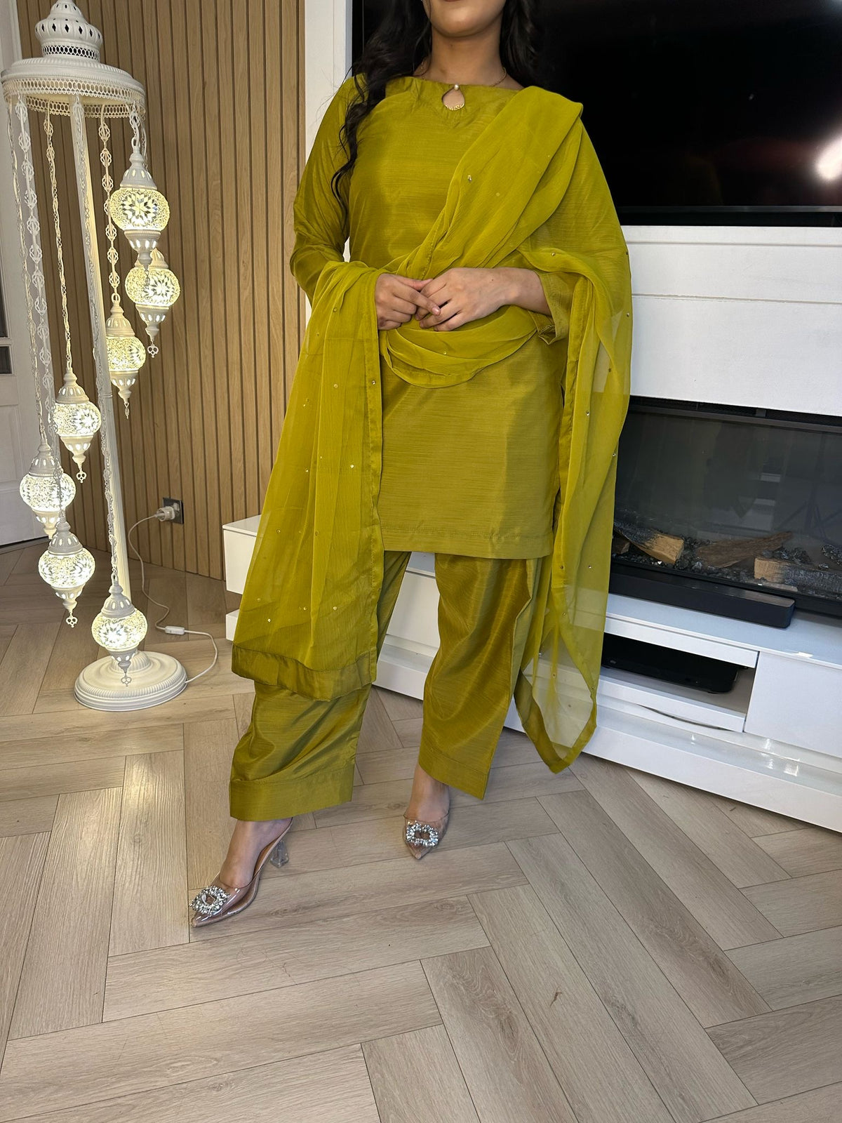 Keisha 3pc Plain Silk Farshi Shalwar