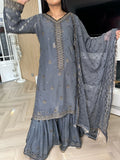 Nazia 3pc chiffon Gharara - Grey U3-B2
