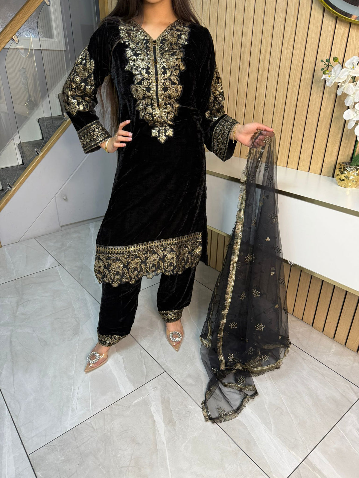 Lisha 3pc Button Velvet Suit With Net Dupatta U3-B1