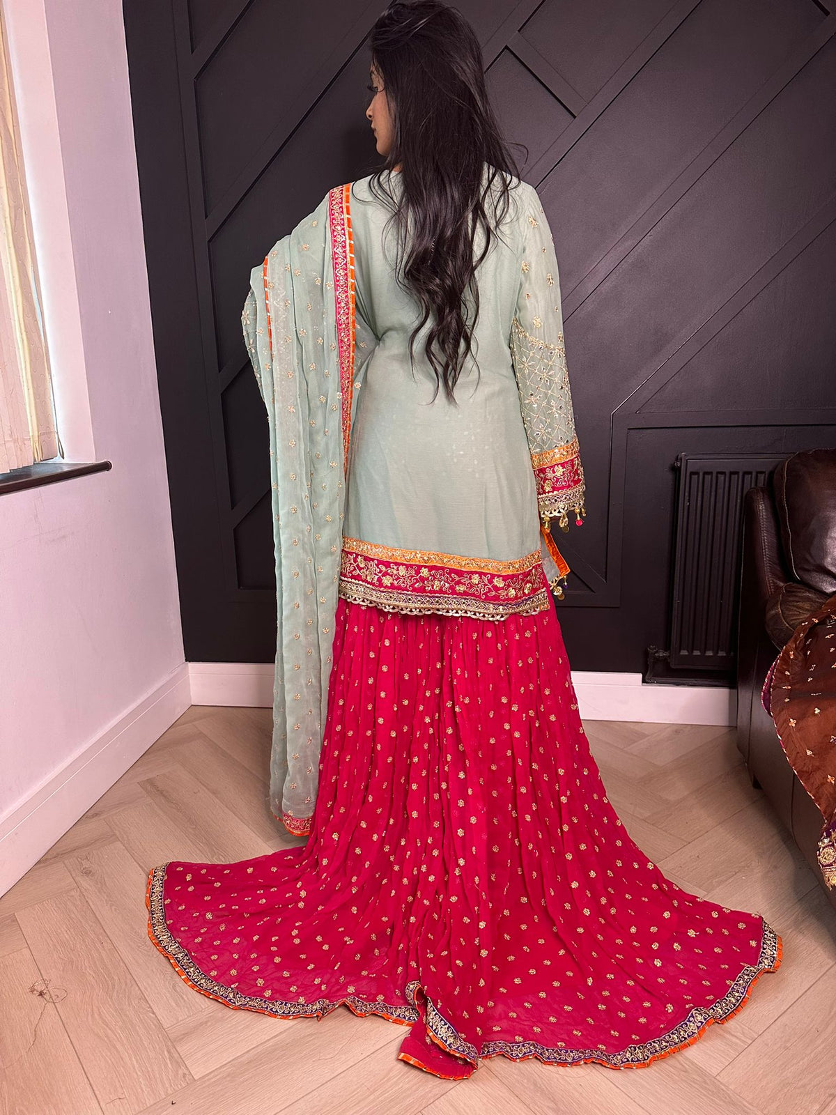 Karma Bridal - Mint and Pink Trail Gharara