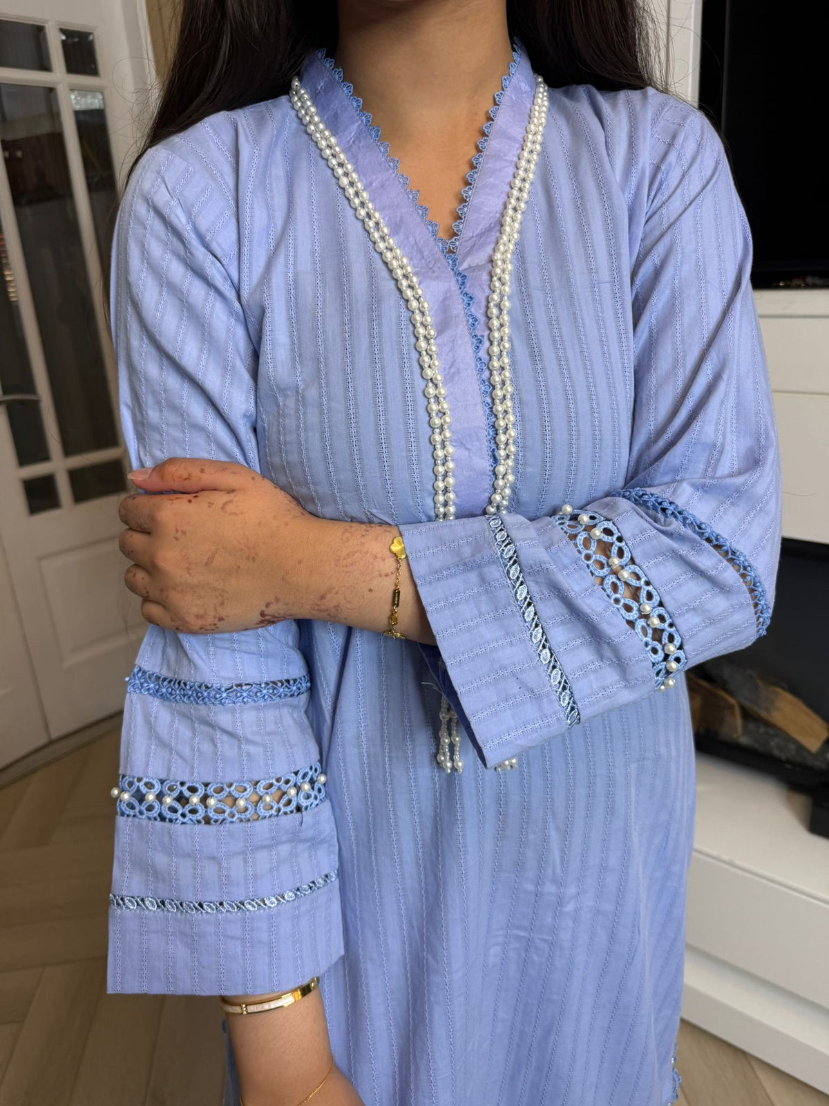 Radhiya 3pc Cotton Suit With Pearl Detailing
