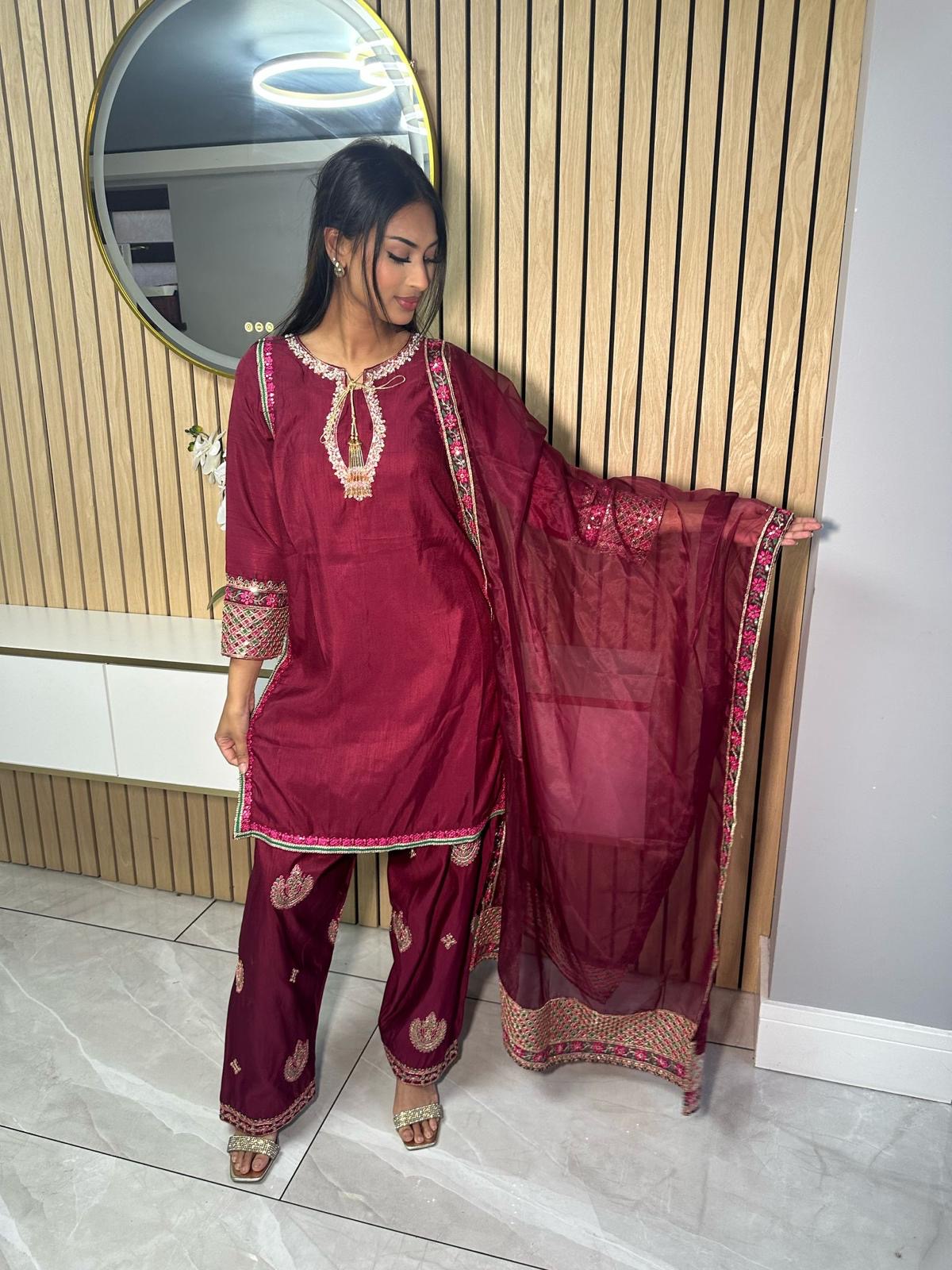 Lubna 3pc Silk Suit -Maroon U2-A5