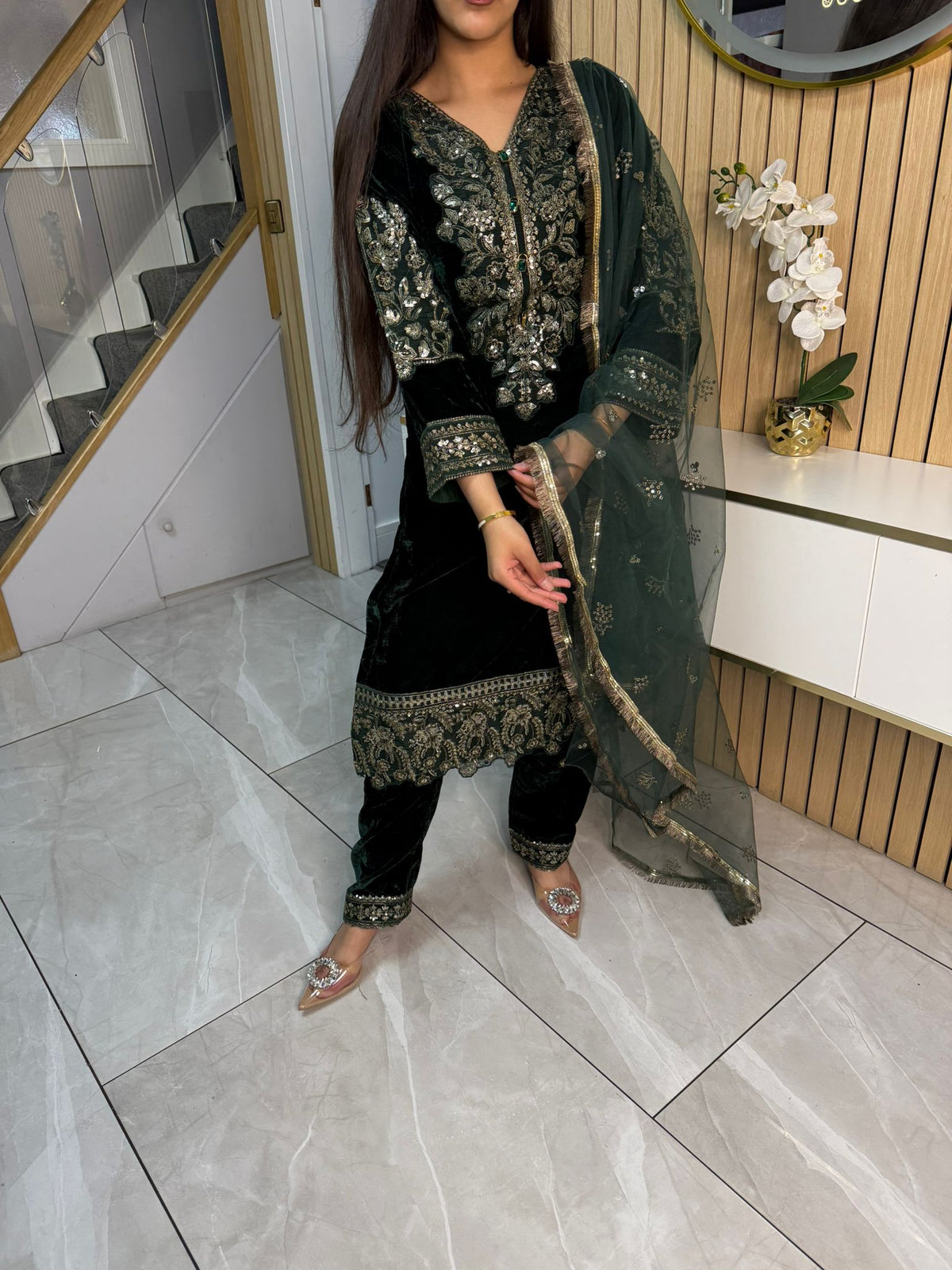 Lisha 3pc Button Velvet Suit With Net Dupatta U3-B1