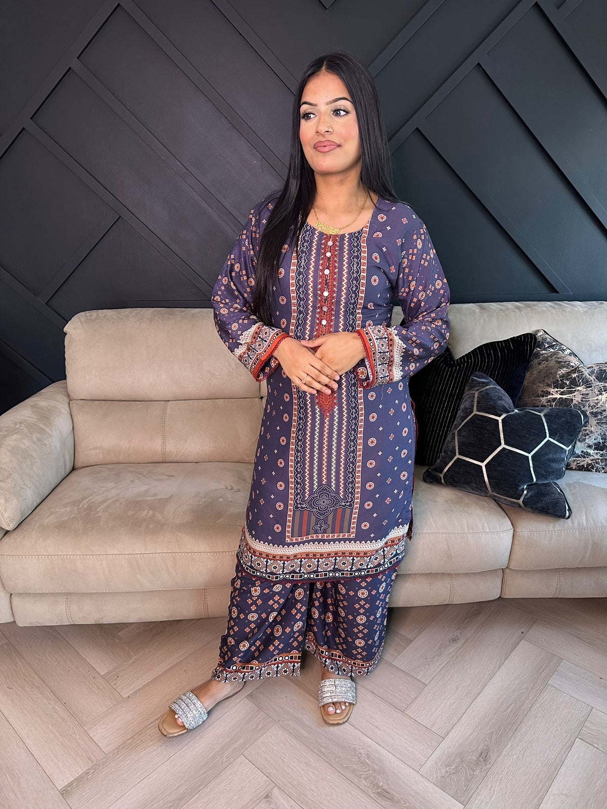 Afreen 2Pc - Navy & Red Ethnic Print U1-A4