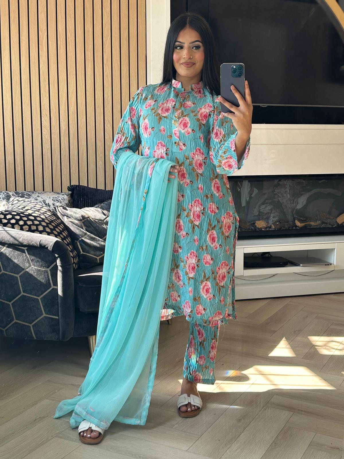 Zeina Crinkle Floral - Turquoise