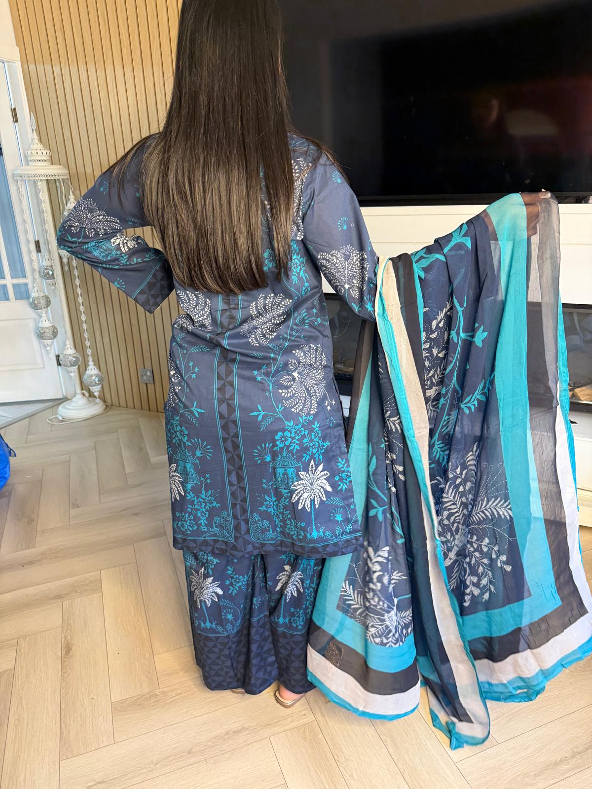 Sonam 3pc Printed Lawn Suit With Plazzo Trouser