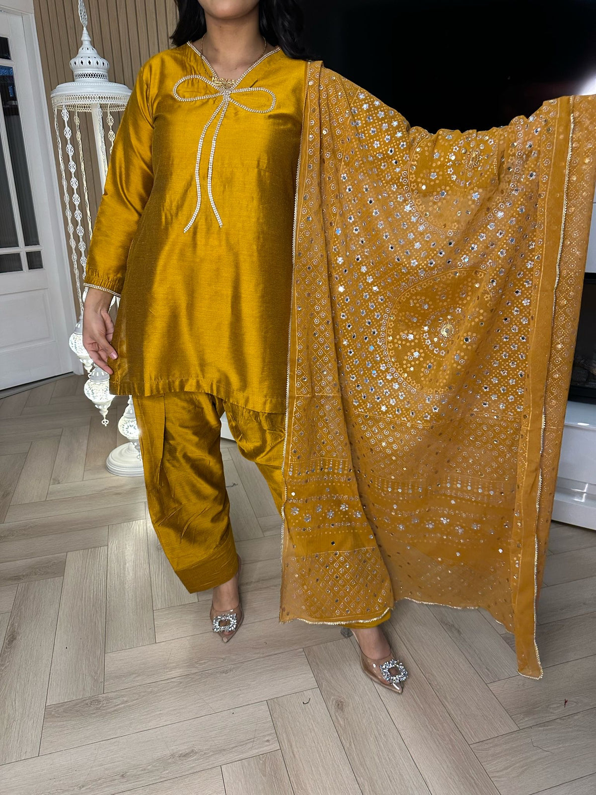 Bow 3pc Silk Farshi Shalwar Suit