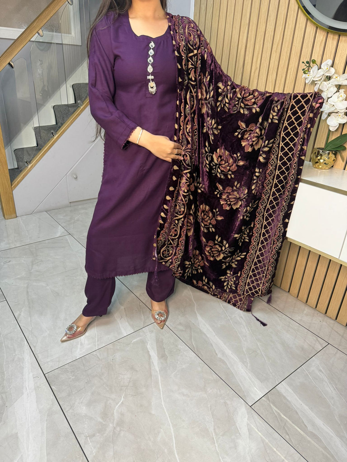 Asia 3pc Embroidered Dhanak Suit With Palachi Shawl