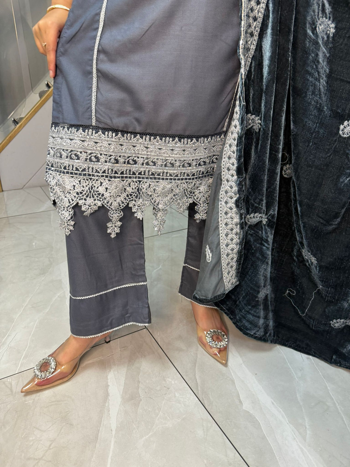 Habiba 3pc Embroidered Dhanak Suit With Velvet Shawl