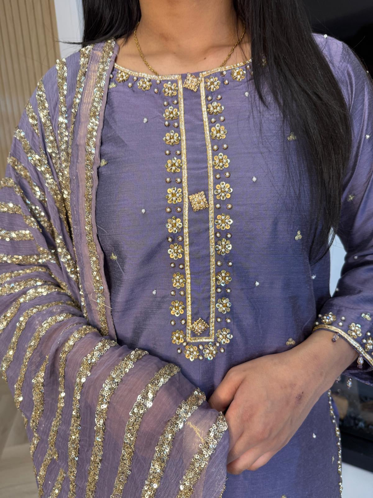 Nuraan 3pc Raw Silk Suit-Lilac