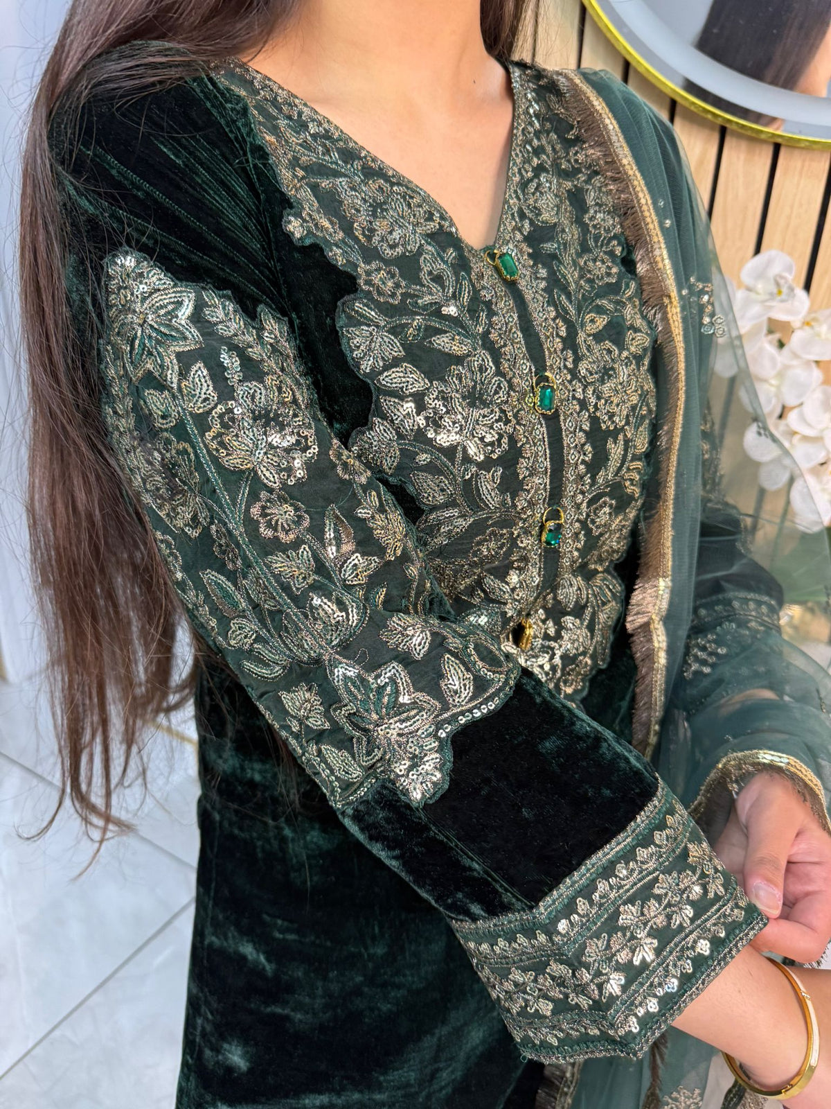 Lisha 3pc Button Velvet Suit With Net Dupatta U3-B1